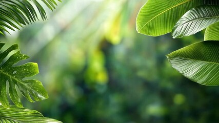 Poster - Vibrant Canopy: A lush and captivating collection of tropical leaves with vibrant green tones. A frame, and bright sunlight, a feeling of tranquility.