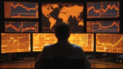 Poster - A man is sitting in front of a computer monitor with a world map on the screen. He is looking at the screen intently