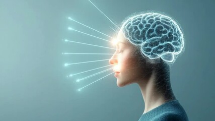 Poster - Mind and Illumination: An image of a woman's profile, with a visual representation of mental processes and a light focused on her brain, suggesting inspiration and ideas.