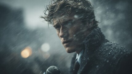 Poster - A man in a dark coat and tie is standing in the rain. He looks sad and is holding a microphone