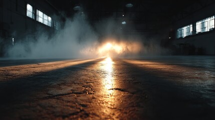 Poster - Cinematic Interplay of Light and Smoke Over an Industrial Concrete Floor Creates a Dramatic Atmosphere Filled With Dust