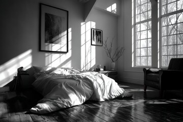 Poster - Minimalist Bedroom Design Showcasing Natural Light and Shadow Interplay in a Serene Black and White Environment Perfect for Editorial Use