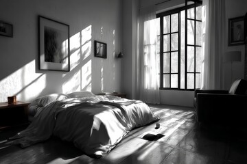 Aufkleber - Serene Minimalist Bedroom Bathed in Natural Light With Striking Black and White Contrasts Creating a Tranquil Retreat for Relaxation and Inspiration