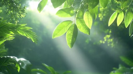 Poster - Sun-kissed Canopy: Sunbeams pierce through the dense foliage of a vibrant forest, illuminating lush green leaves in a display of natural splendor.