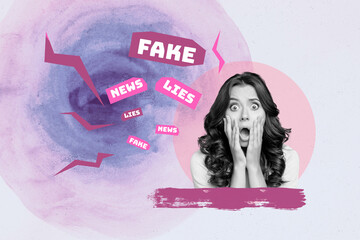 Poster - Trend banner collage of person amazed on purple background with fake lies phrase