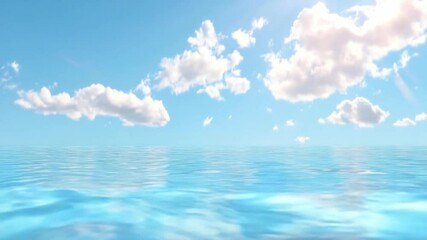 Poster - Sky Meets Sea: A serene ocean scene where clear blue sky is adorned with fluffy clouds and the sun's rays dance upon the calm water's surface, creating a mesmerizing landscape.