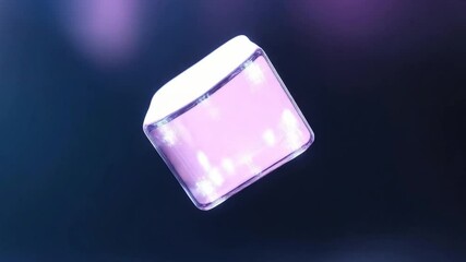 Poster - Abstract Geometric Cube: A shimmering, geometric cube, rendered in a soft lavender hue, levitates serenely against a backdrop of dark space.
