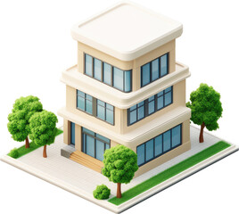 Poster - Isometric rendering of a stylized building with landscaping.