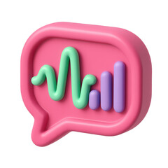 Poster - 3d icon Pink speech bubble icon with green sound wave and purple bar chart, isolated on transparent background, png format