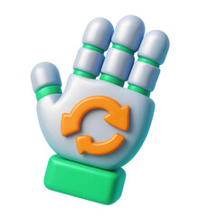 Poster - 3d icon of a cartoon robotic hand showing rotating arrows symbol, isolated on transparent background