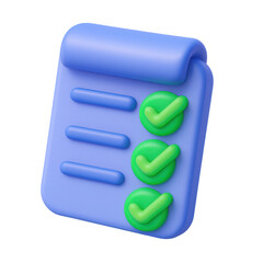 Poster - Cartoon 3d checklist icon with green checkmarks symbolizing completed tasks, on a transparent background