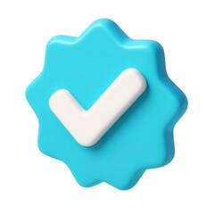Poster - Cartoon  3d icon plastic verified badge icon with white check mark confirming quality on transparent background