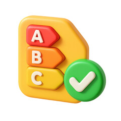 Poster - 3d icon cartoon plastic icon representing energy efficiency rating with check mark achieving best result, on transparent background