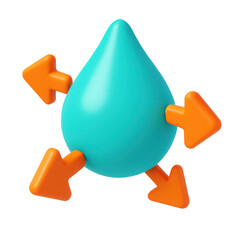Poster - 3d icon of humidity drop with orange arrows pointing in different directions, transparent background, png