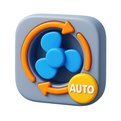 Poster - 3d cartoon plastic icon of a smart fan rotating in auto mode with transparent background