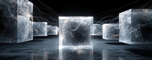 Poster - Abstract glowing cubes with interconnected neural-like webs in a dark space