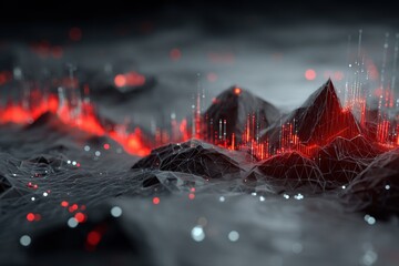Fototapete - Abstract depiction of futuristic wireframe canyons with dynamic red highlights