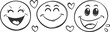 © Hoody Baba - Hand drawn vector happy face emoticons with hearts doodle sketch style cute funny emoji icons positive emotions happiness joy love Valentine's Day social media communication online chat message