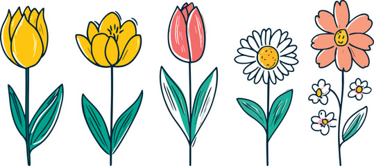 five simple vector flowers yellow tulips pink tulip white daisy and pink cosmos flower with small wh