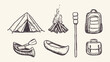 © Hoody Baba - Camping Adventure Vector Set Hand Drawn Doodle Tent Campfire Marshmallow Roasting Stick Backpack Canoe Paddle and Satchel Outdoor Recreation Travel Exploration Hiking Trekking Wilderness Survival