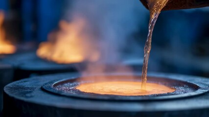 Poster - glowing liquid metal streaming into scorching crucible, generating intense smoke and fiery flames du