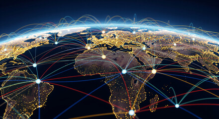 Poster - Illuminated Earth globe with interconnected lines, symbolizing global network, communication, and connection