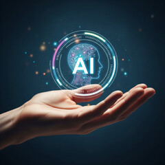 Poster - Hand gently cradles glowing AI symbol, circuit-designed head profile within a digital circle, showcasing artificial intelligence concept, technology innovation