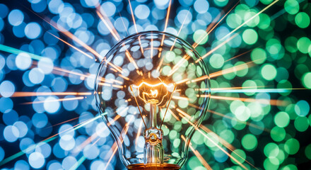 Poster - Lit lightbulb against bokeh background, radiating light streaks Symbolizes innovation, ideas, inspiration, and brilliance