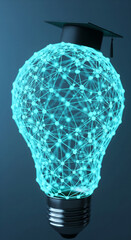Fototapete - Lightbulb with graduation cap, glowing cyan network inside, symbolizes knowledge, innovation, and education, perfect for academic or tech concepts
