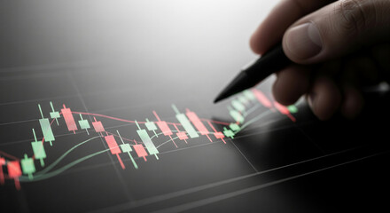 Poster - close-up of hand using stylus on tablet displaying stock market candlestick chart, showcasing financ