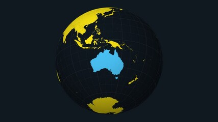 Poster - Australia on Globe. Animated zoom into the country view on the world map in Charcoal Bright Yellow color palette. Globe with meridians, parallels. Classy video.