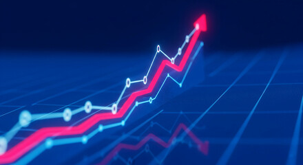Poster - dynamic upward red trend line on blue grid background, symbolizing growth, success, and progress in 