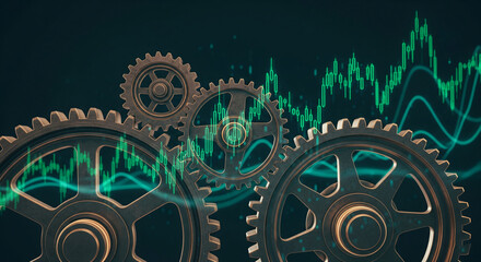 Poster - interlocking bronze gears against a dark teal background overlaid with a green candlestick chart, sy