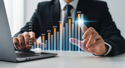Poster - Person in business suit interacts with a holographic bar chart, showcasing business growth and financial success from 2022 to 2025, symbolizing progress and achievement