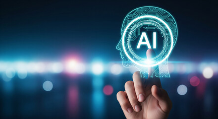 Poster - Hand interacts with glowing AI symbol inside digital human head outline, depicting artificial intelligence concept Futuristic technology theme