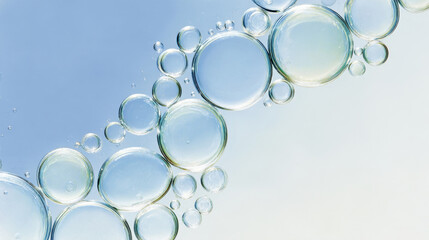 Poster - Translucent soap bubbles drifting weightlessly, forming ethereal shapes across soft blue white gradient, creating tranquil geometric visual texture