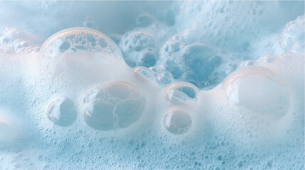 Poster - Translucent soap bubbles forming delicate foam pattern against soft blue backdrop, representing cleanliness and freshness