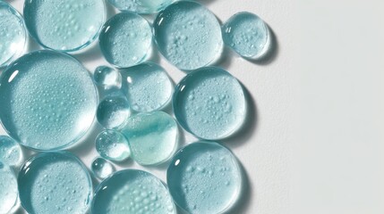 Poster - Light blue gel serum droplets creating transparent, bubbly pattern against white backdrop, showcasing skincare cosmetic texture with negative space