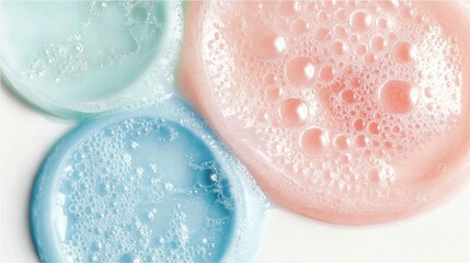Poster - Colorful soap bubbles forming iridescent circles across white backdrop, creating mesmerizing pattern of soft pastel hues and translucent shapes