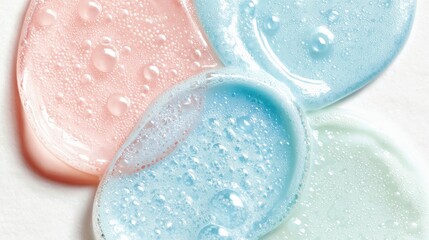 Poster - Samples of pink, blue and green cosmetic gel are creating swirls with bubbles on a white background, ideal for showcasing skincare or beauty products
