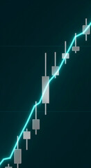 Poster - ascending teal line graph with grey candlestick charts on dark background, showcasing financial grow