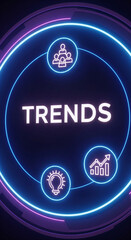 Poster - Neon circular display showcasing current trends, featuring icons for teamwork, innovation, and growth, ideal for business or technology presentations