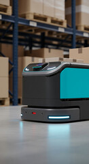 Poster - Automated guided vehicle in warehouse setting, carrying boxes.  Shows modern logistics and technology, representing efficiency and automation in industry