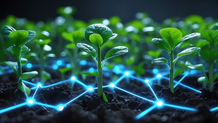 Wall Mural - Closeup Vibrant Green Seedlings Connected by Glowing Blue Network in Dark Soil leaves plant