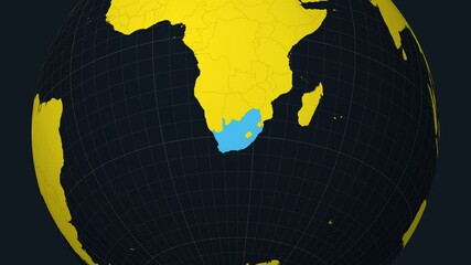 Poster - South Africa on Globe. Animated zoom into the country view on the world map in Charcoal Bright Yellow color palette. Globe with meridians, parallels. Captivating video.