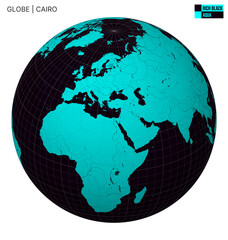Poster - Vector Globe centered to Cairo. Rich Black Aqua palette. World map with meridians, parallels, countries, rivers and lakes. Beautiful vector illustration.