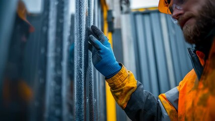Poster - construction professional wearing safety gear inspecting structural condition of intermodal shipping
