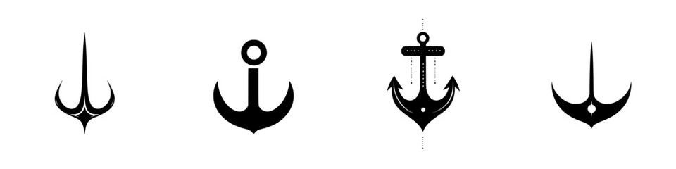 Poster - unique collection of four nautical-themed icon designs featuring various anchor motifs in simple bla