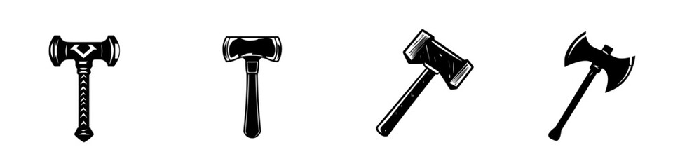 Poster - Various icon designs of hammers and axes for creative projects and applications in black and white style