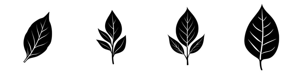 Poster - Collection of botanical icons depicting various leaf designs in black silhouette style suitable for digital applications or print